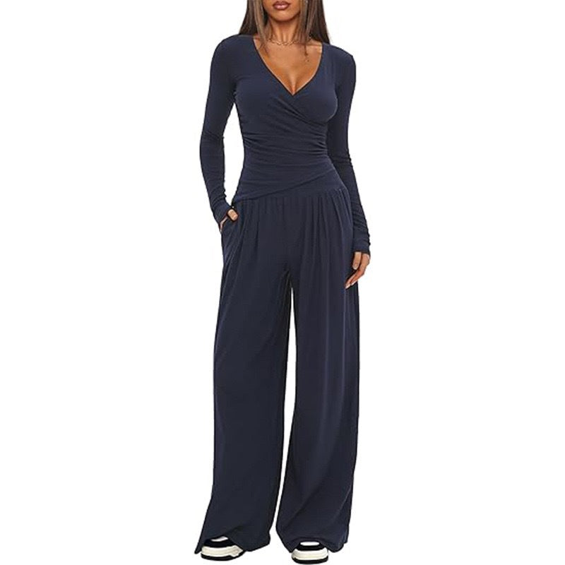 Completo Sportivo Donna 2 Pezzi con Scollo a V e Pantaloni a Gamba Larga - Set Casual Comodo per Uso Quotidiano e Palestra