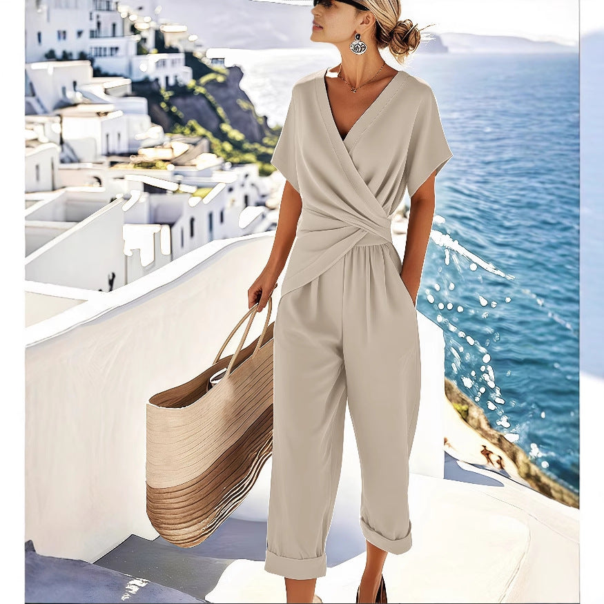 Completo Due Pezzi Donna Elegante Tinta Unita Irregolare Manica Corta Estivo Scollo a V Slim Ufficio Casual Top Plissettato Irregolare e Pantaloni