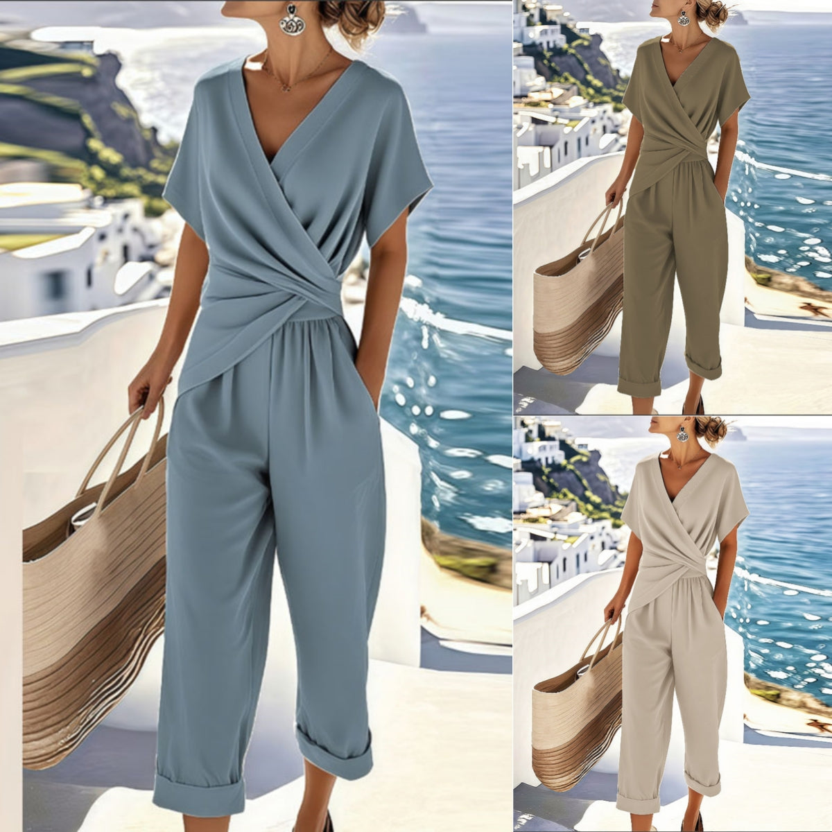 Completo Due Pezzi Donna Elegante Tinta Unita Irregolare Manica Corta Estivo Scollo a V Slim Ufficio Casual Top Plissettato Irregolare e Pantaloni