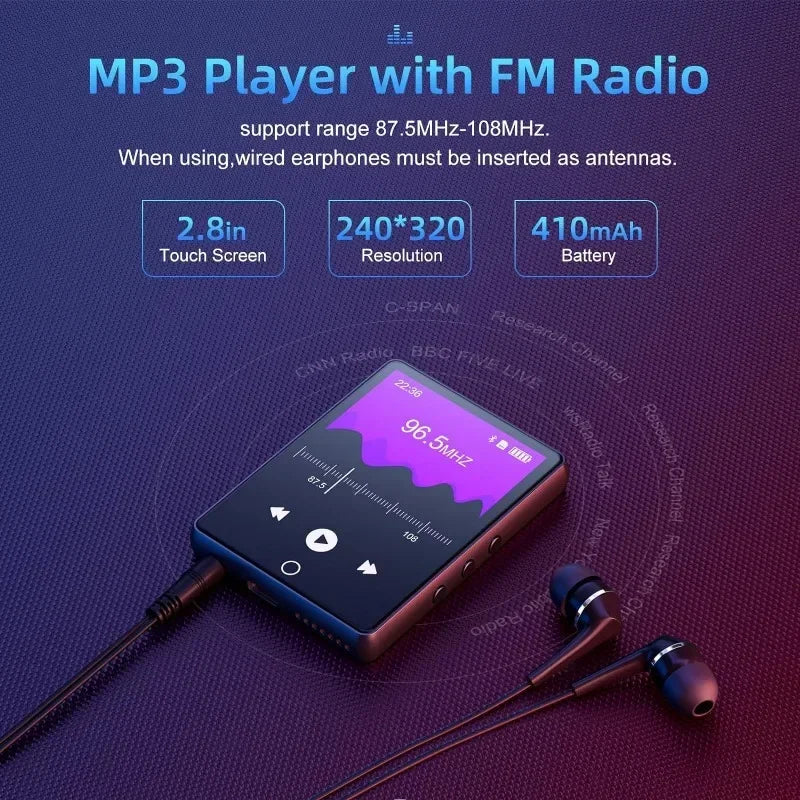 Lettore MP3 da 32GB con schermo touch da 2,8 pollici e Bluetooth 5.0, lettore musicale HiFi con altoparlante, radio FM, registratore, eBook e visualizzatore di immagini.