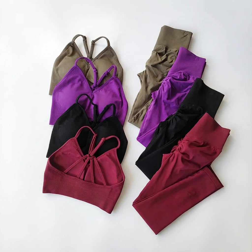 Completo Yoga Donna Senza Cuciture – Reggiseno Sportivo a Vita Alta e Leggings – Set Palestra Fitness per Allenamento e Pilates