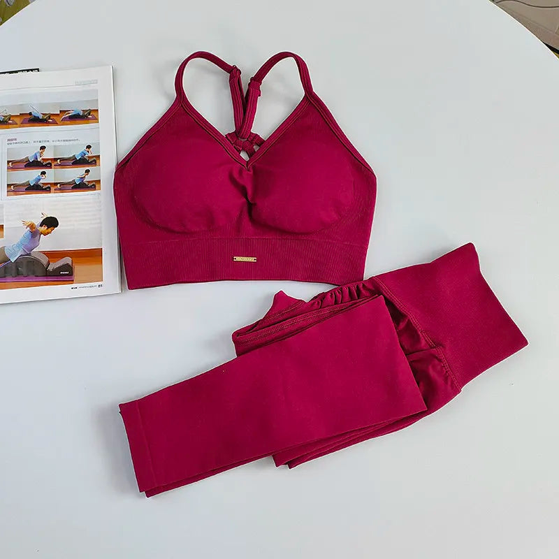 Completo Yoga Donna Senza Cuciture – Reggiseno Sportivo a Vita Alta e Leggings – Set Palestra Fitness per Allenamento e Pilates