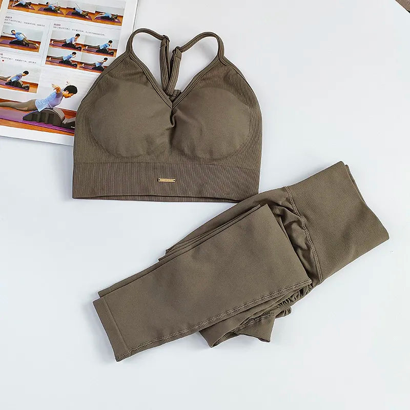 Completo Yoga Donna Senza Cuciture – Reggiseno Sportivo a Vita Alta e Leggings – Set Palestra Fitness per Allenamento e Pilates