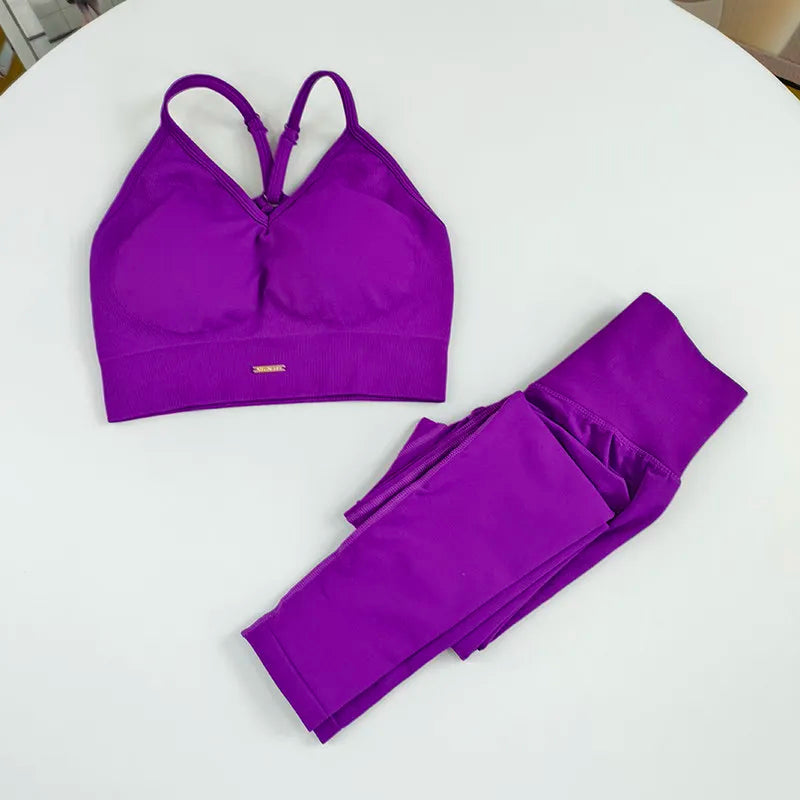Completo Yoga Donna Senza Cuciture – Reggiseno Sportivo a Vita Alta e Leggings – Set Palestra Fitness per Allenamento e Pilates