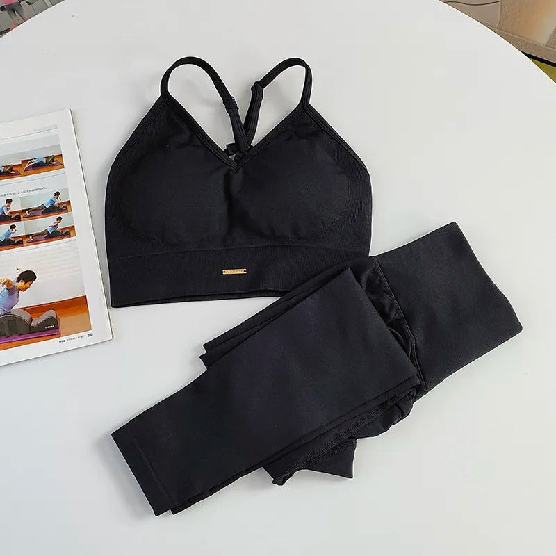 Completo Yoga Donna Senza Cuciture – Reggiseno Sportivo a Vita Alta e Leggings – Set Palestra Fitness per Allenamento e Pilates