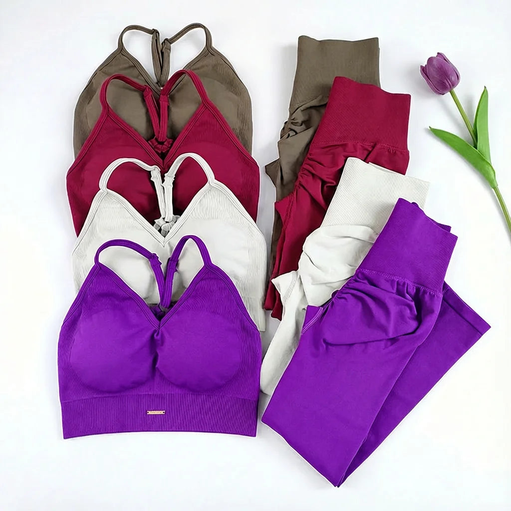 Completo Yoga Donna Senza Cuciture – Reggiseno Sportivo a Vita Alta e Leggings – Set Palestra Fitness per Allenamento e Pilates